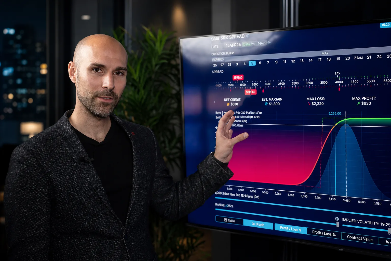 Markus Stäber erklärt eine Optionsstrategie am Bildschirm